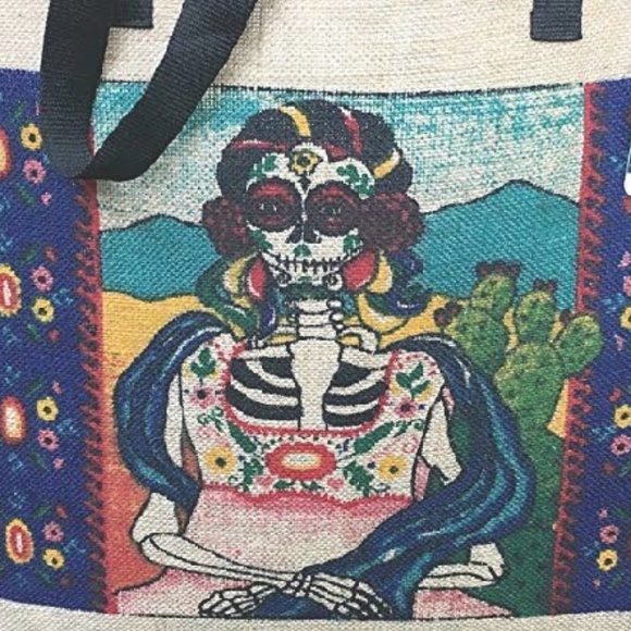 Large Sugar Skull Day of the Dead Canvas Tote - Picture 2 of 5